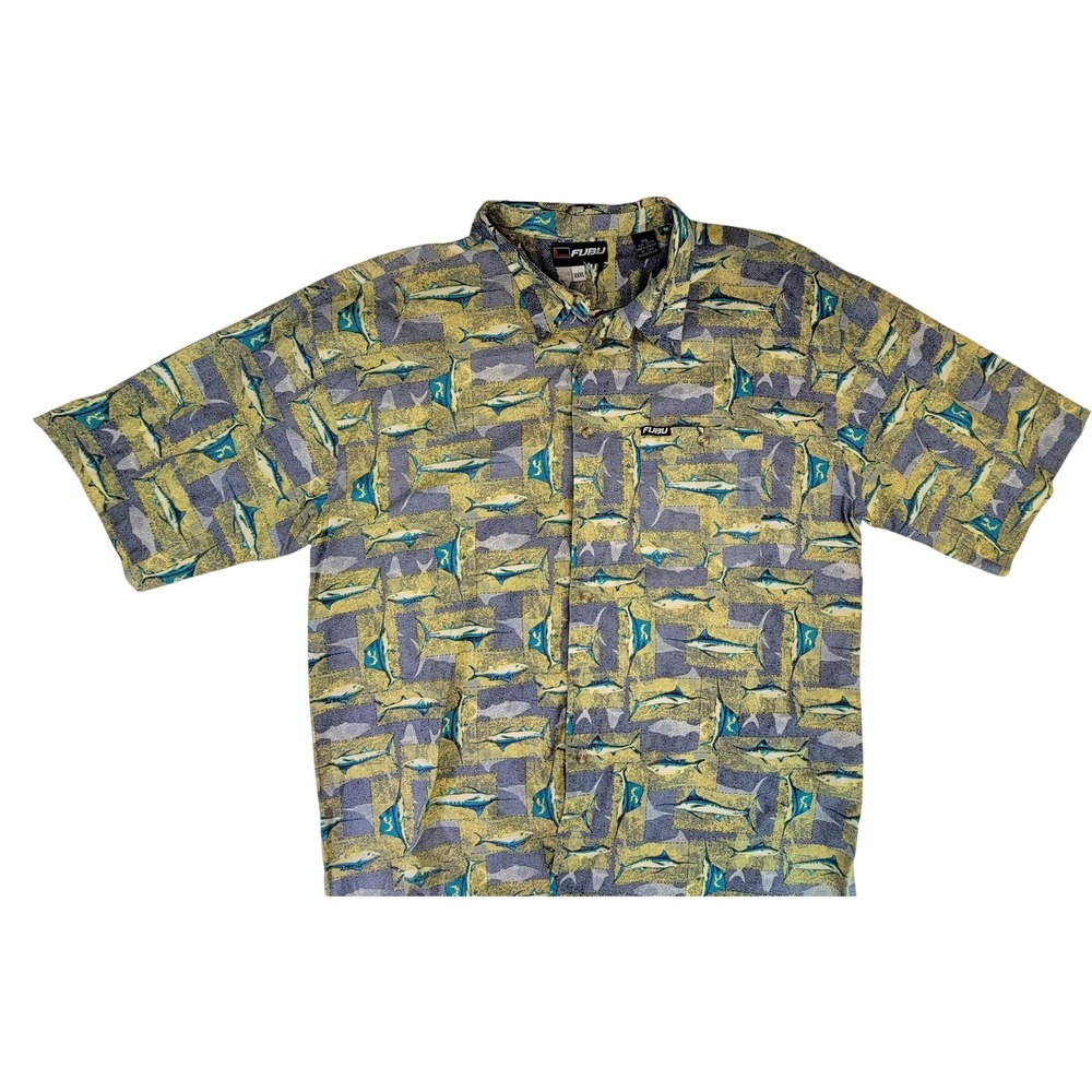 FUBU‎ Mens XXXL Tropical Fish Print Short Sleeve Button Up Shirt